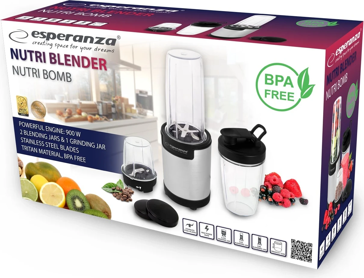 Blender za smoothie 9 v 1, 900 W, siva Esperanza Nutri Bomb EKM030