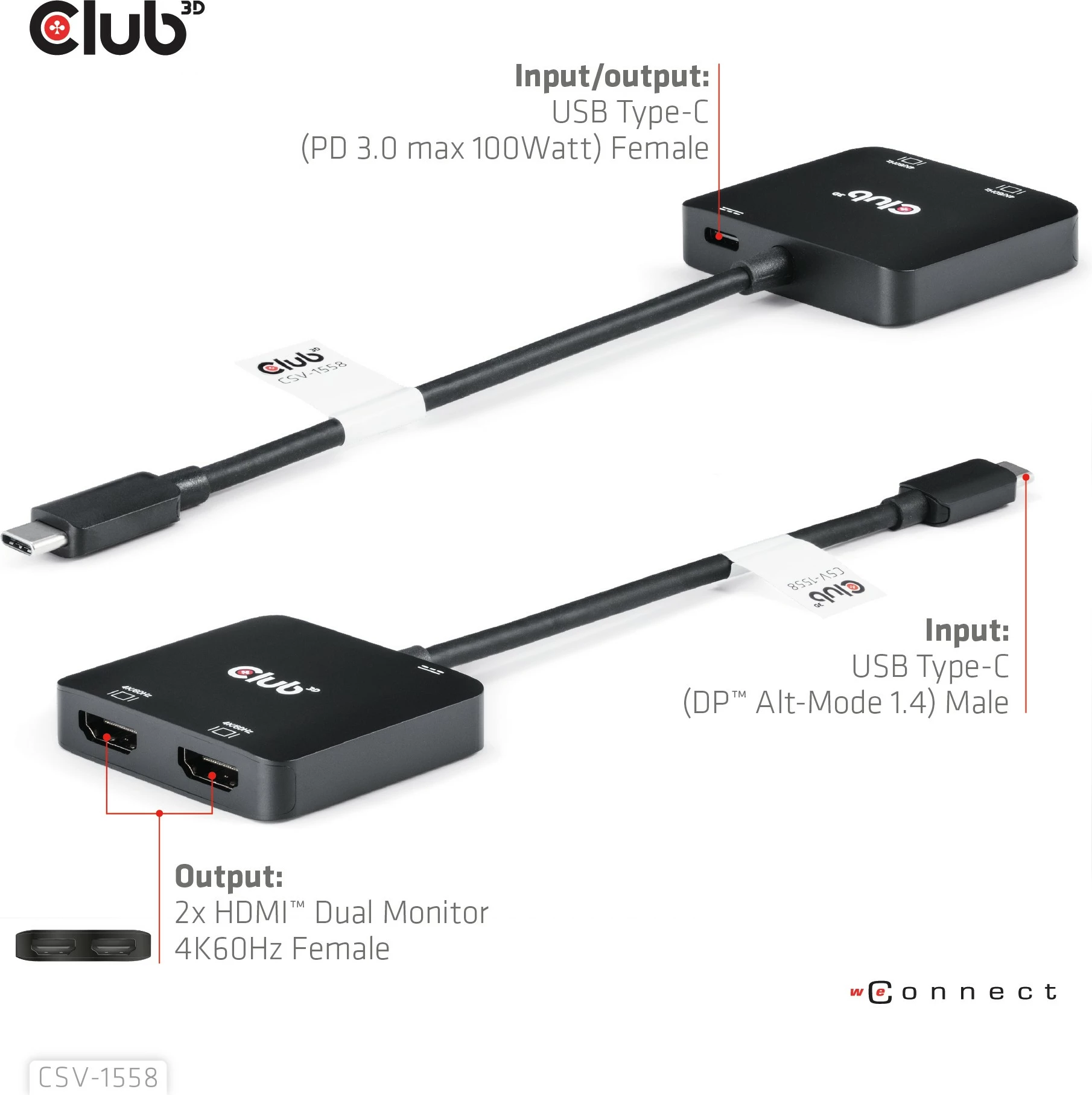 Adapter USB Type-C na 2x HDMI, 4K60Hz, 100W PD, Club3D, črn