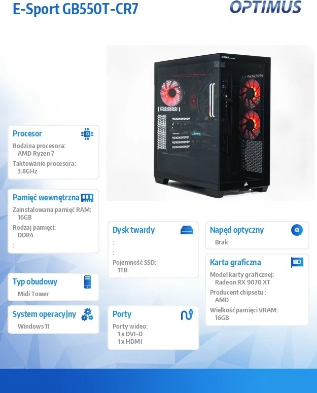 Gaming računalniško ohišje OPTIMUS E-Sport GB550T-CR7, Ryzen 7 5800X, 16GB RAM, 1TB SSD, Radeon RX 9070 XT, črno