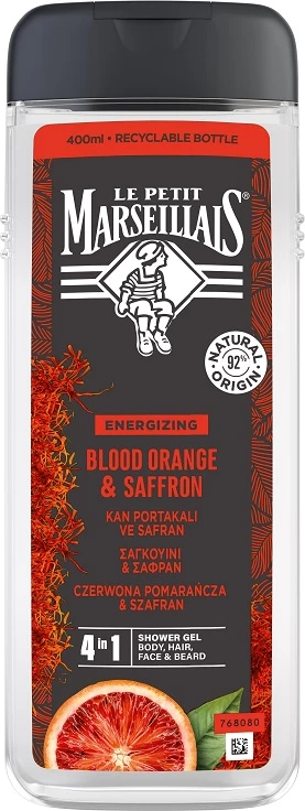 Gel za tuširanje 4 v 1 za moške, rdeča pomaranča in žafran, Le Petit Marseillais, 400 ml