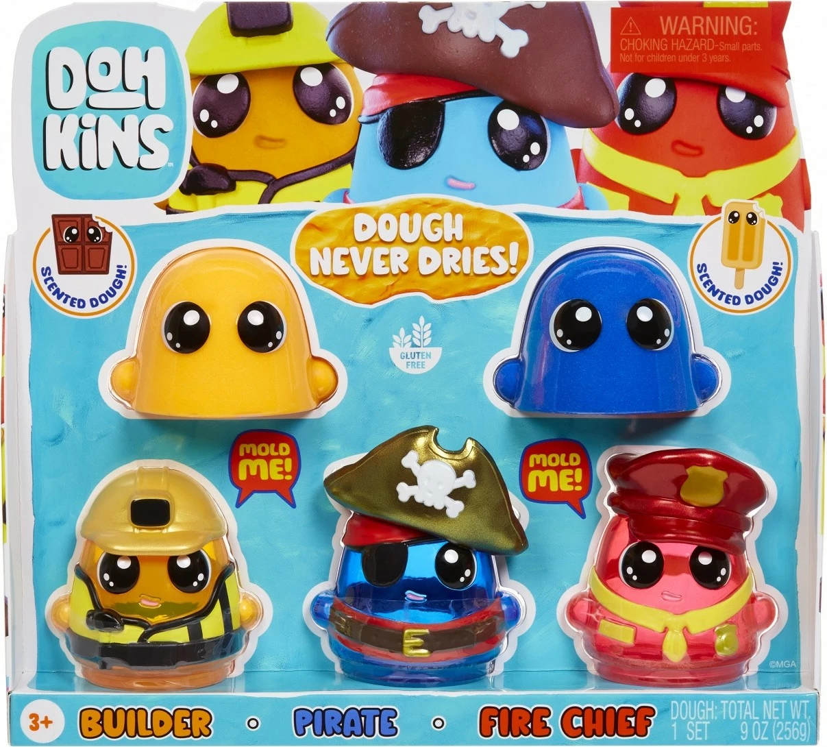 Set plastelina, ne sušeč, dišeč, 2 barvi, kalupi gradbinec/pirat/gasilec, MGA DohKins Hero Pack 123026-EUC/23040