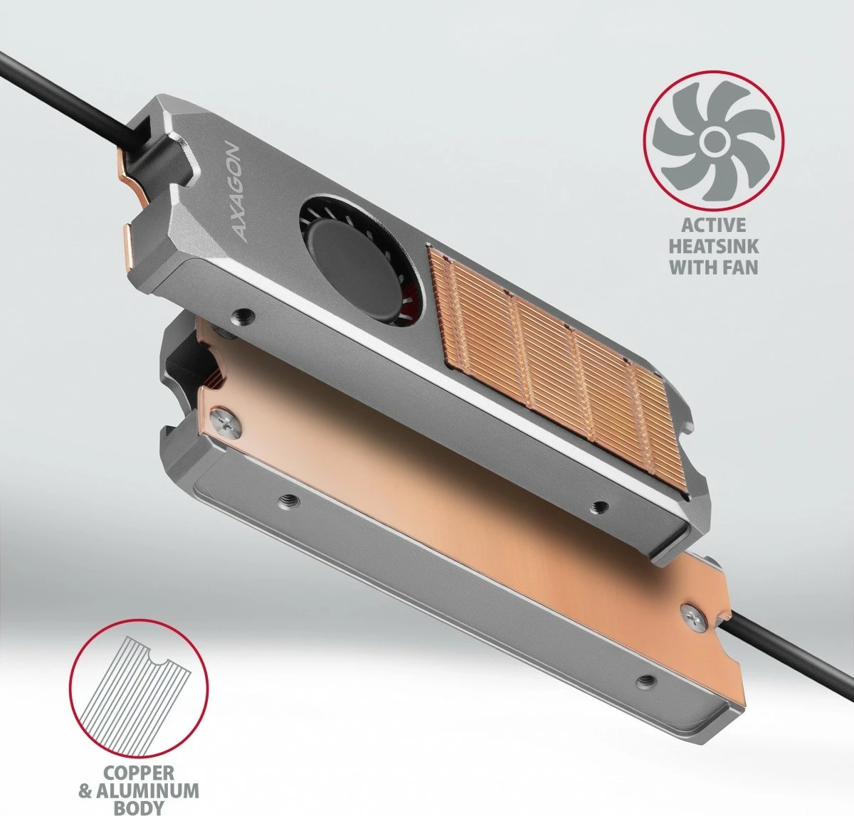 Aktivni hladilnik za SSD M.2 AXAGON CLR-M2FAN, baker, 76x24x12 mm