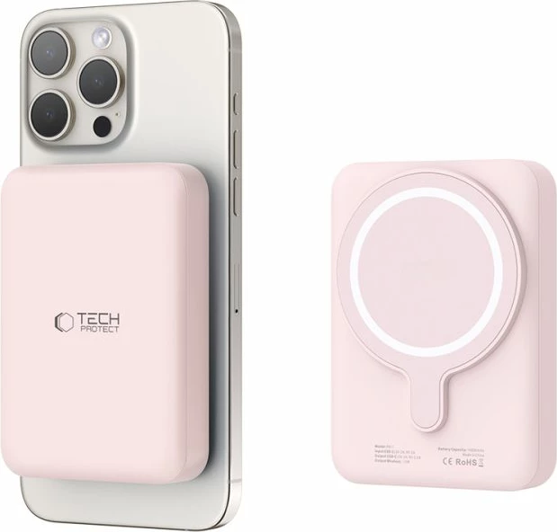 Zunanji akumulator 10000 mAh, MagSafe, USB-C, rožnat z USB-C kablom Tech‑Protect LifeMag PB11