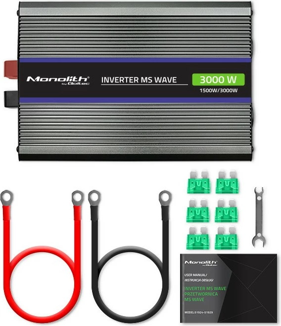 Pretvornik napetosti Monolith 3000 MS Wave Qoltec, 12V v 230V, 1500/3000W, USB, črn