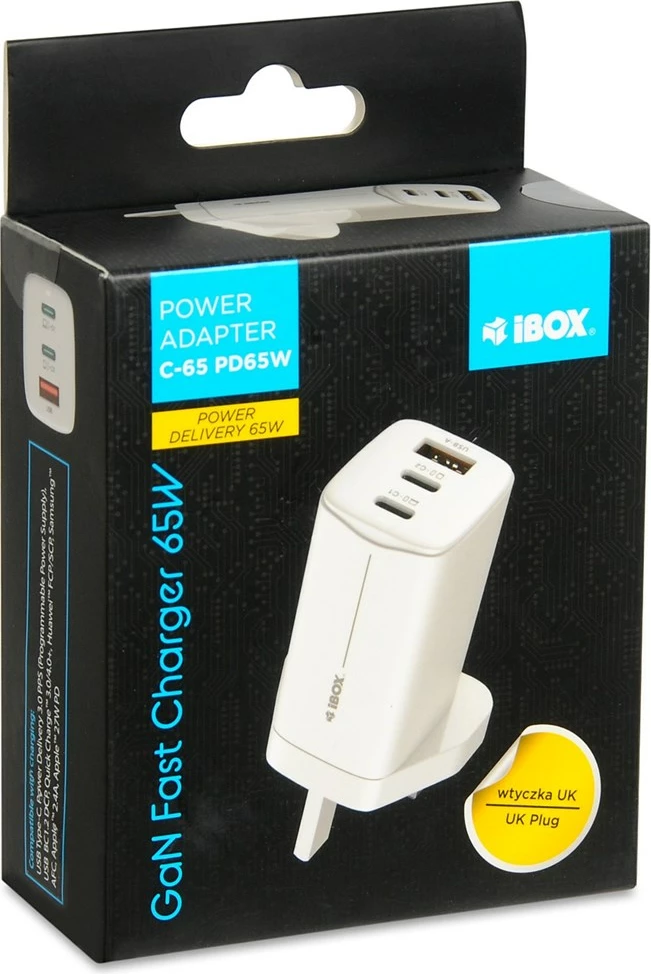 Univerzalni polnilec GaN 65 W, iBOX C-65, britanski vtič, bel