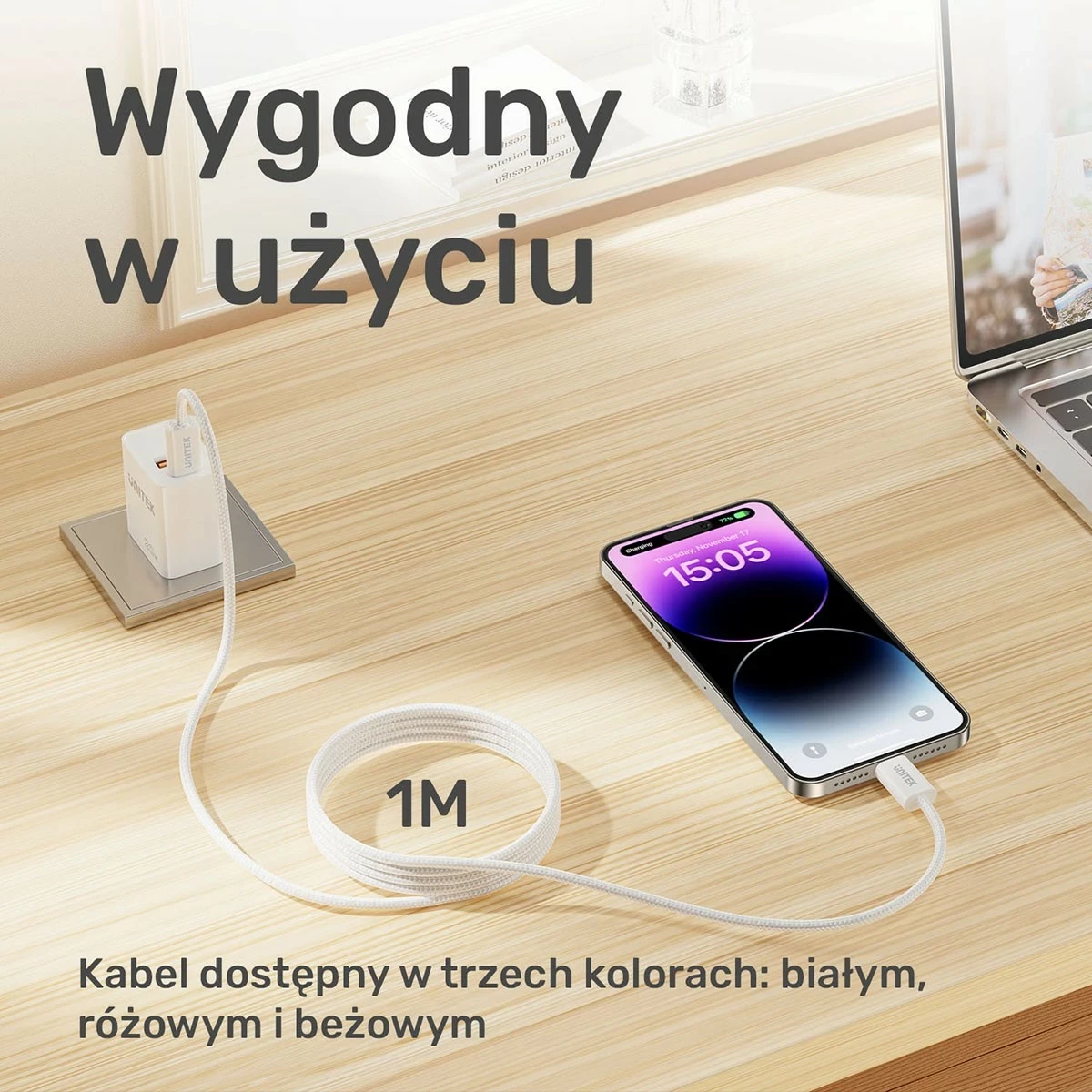 Magnetni USB-C kabel 100W 1 m, Unitek, bež