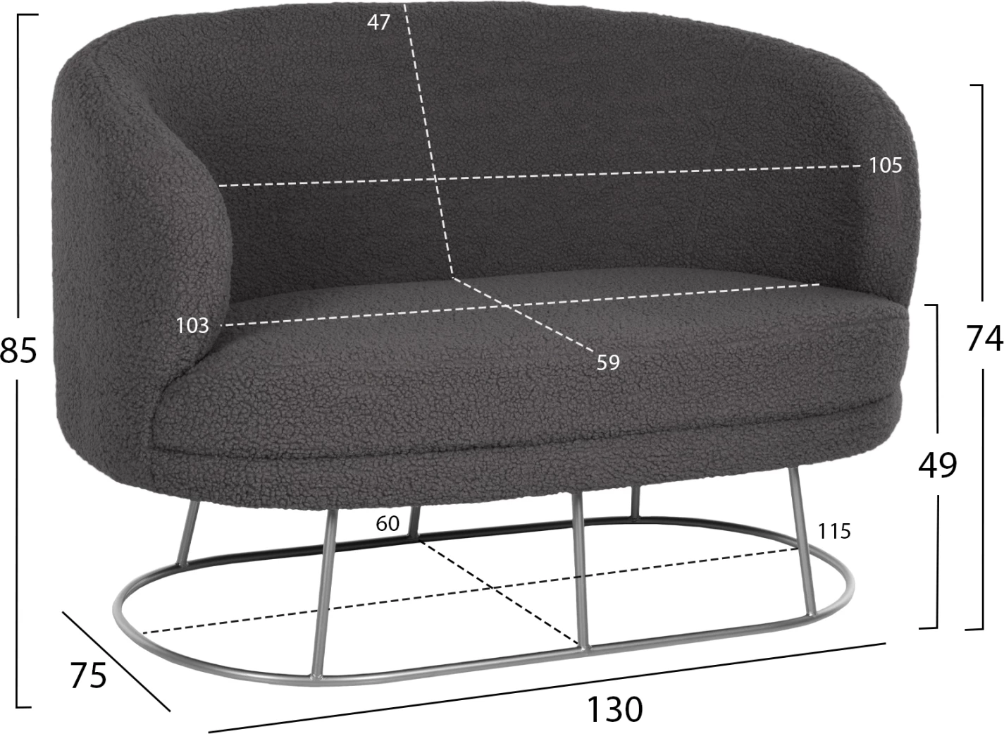 Dvosedna sedežna garnitura ARIEN FH8492.21 iz sive boucle tkanine in srebrne kovinske osnove 130x75x85H cm