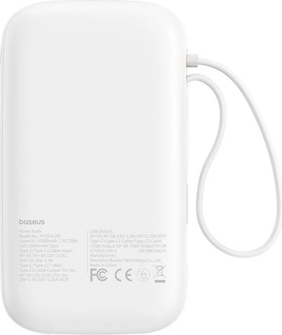 Prenosna baterija Baseus QPow 2, 20000 mAh, 30 W, 2x USB-C, bela