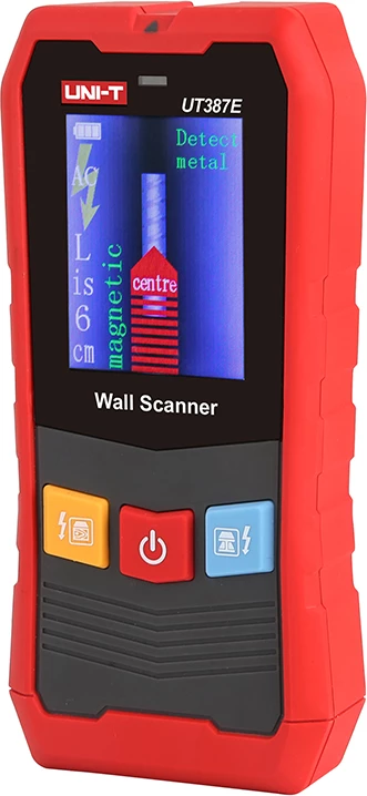Skenirnik sten in detektor skritih materialov, UNI-T UT387E, zaslon 2,4", zaznava kovin/lesa/napetostnih žic do 100 mm, Li-ion baterija z USB, rdeče-siv