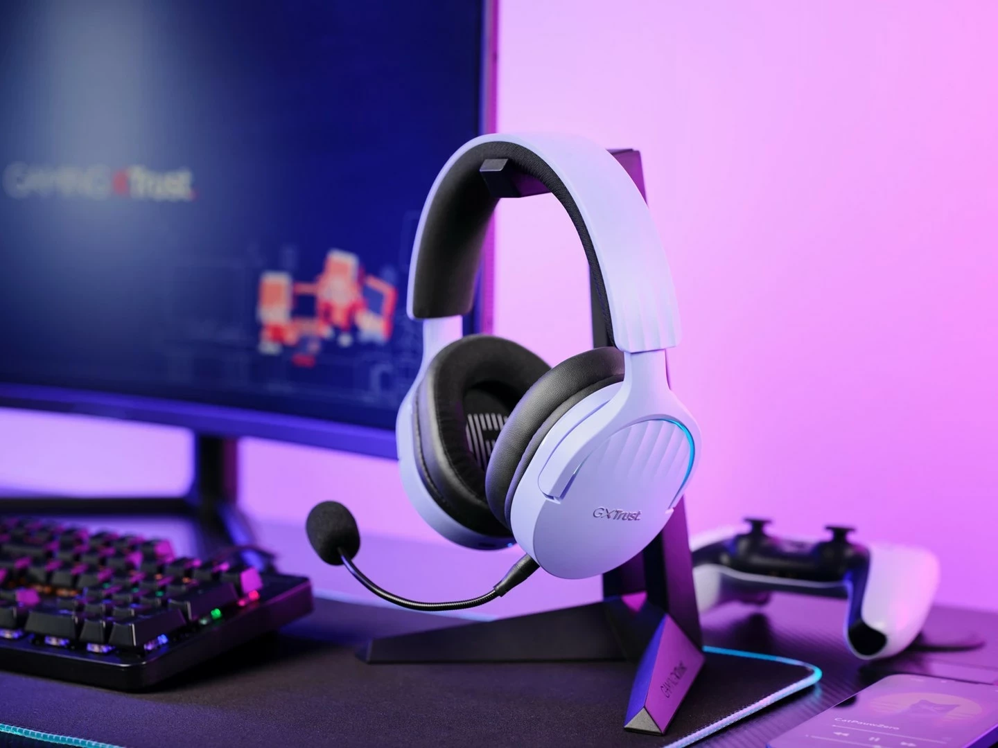 Slušalke za igre, žične in brezžične, USB Type-A, Bluetooth, Trust GXT 491P FAYZO, črne, vijolične