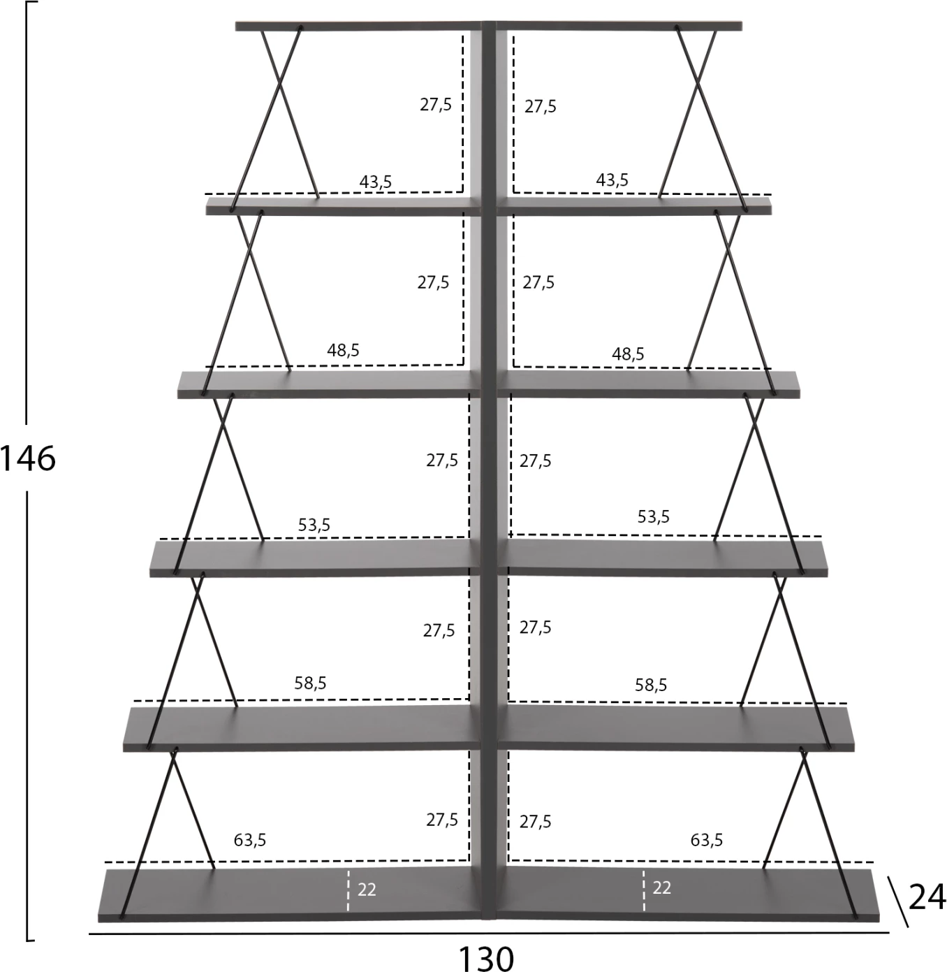 Komplet 2 kosov knjižnih omar MINI TARS FH11772.20 melamin v sivi barvi-črne kovinske palice 65x24x146Hcm.(x2)