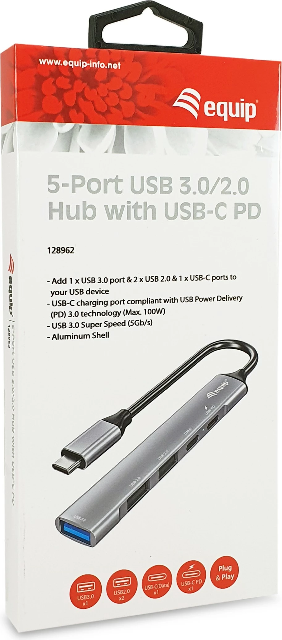 USB razdelilnik Equip, 5 priključkov, USB 3.2 Gen 1/2.0, USB-C PD 100W, alumin, srebrn