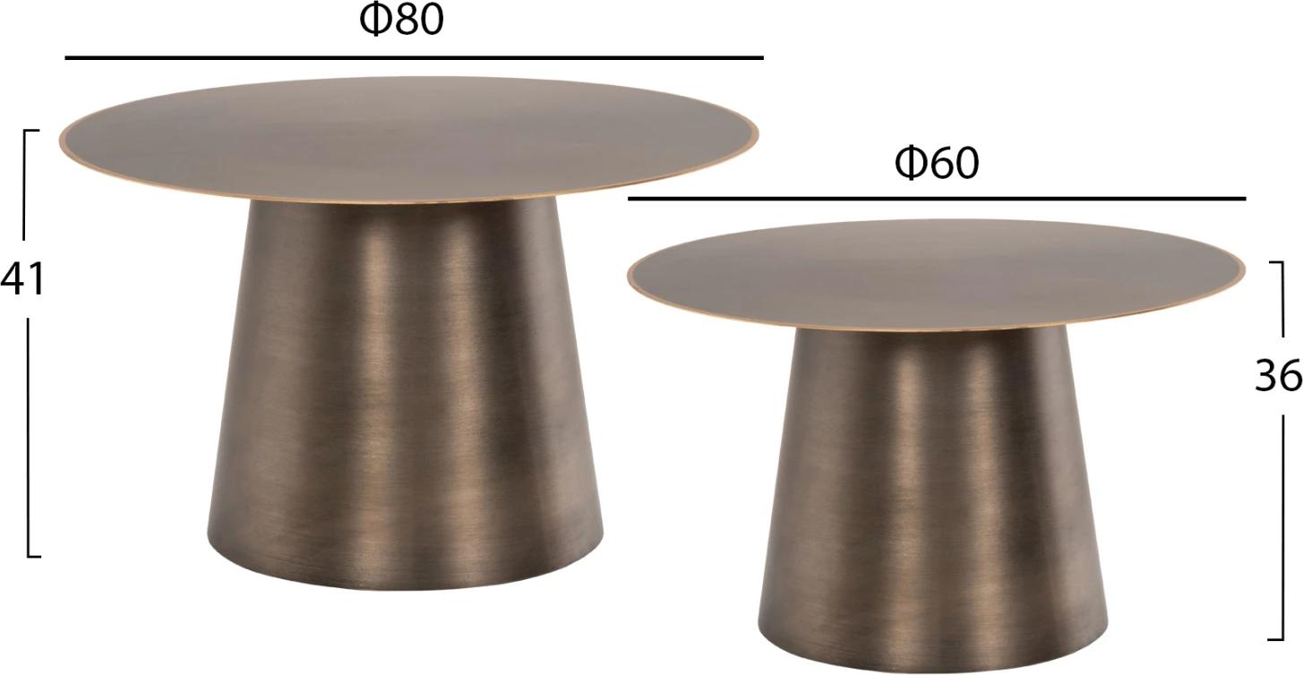 Klubske mizice 2 kosa NICKELY FH9667 kovina v niklju antik Φ80x41H & Φ60x36H cm