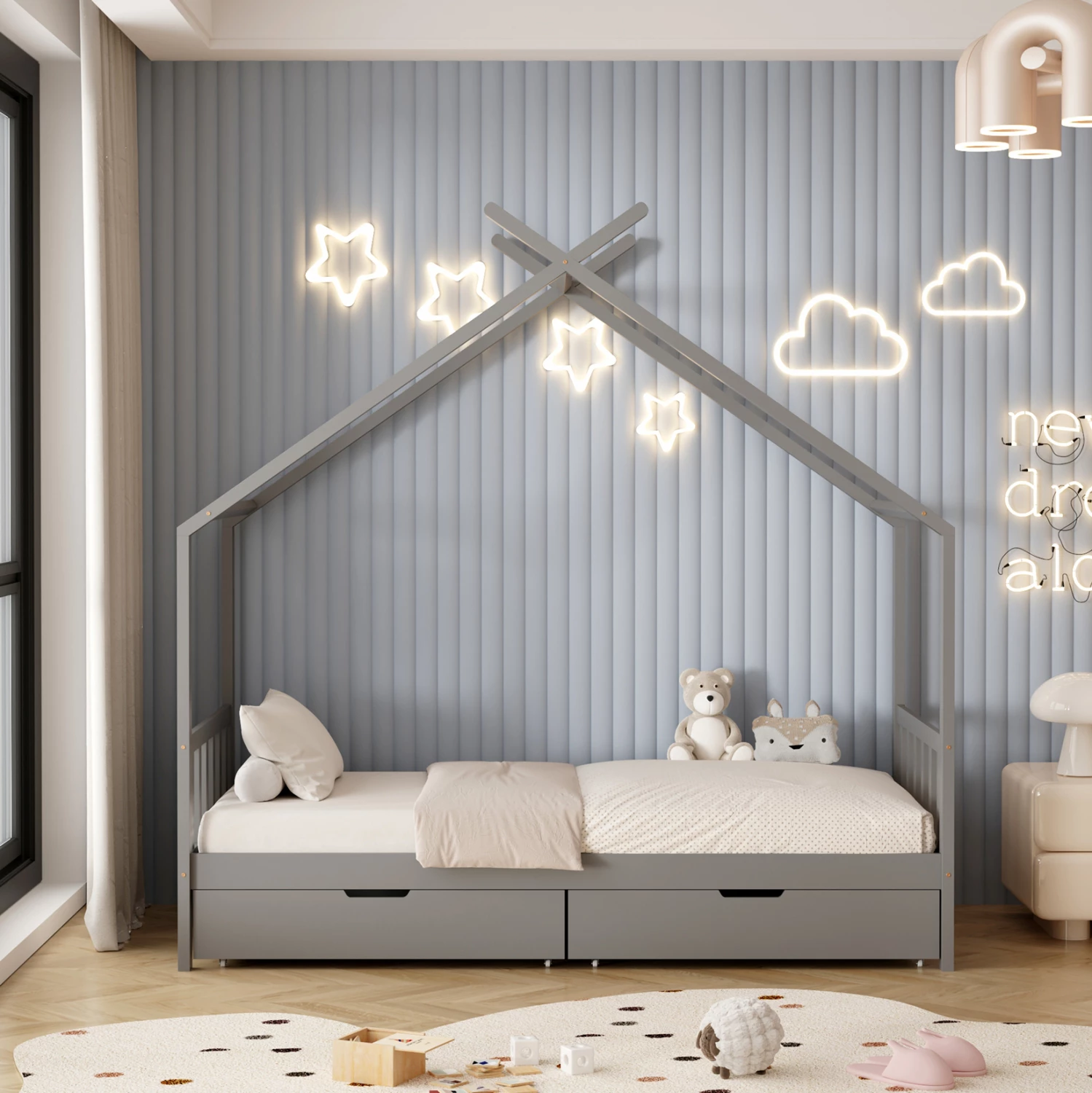 Postelja za otroke Klarice FH680.05 t.Montessori - 2 predala - masivni borov les v sivi barvi - 190x90 cm