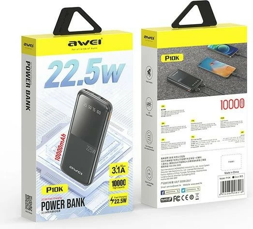 Powerbank 10.000 mAh, 22,5 W, 2x USB-A + USB-C, črn AWEI P10K