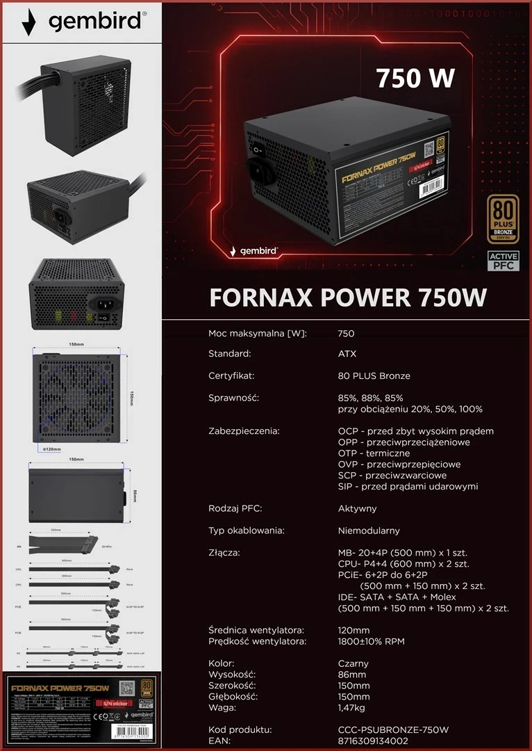 Napajalnik Fornax Power Gembird CCC-PSUBRONZE-750W, 750W, 80 PLUS Bronze, črn