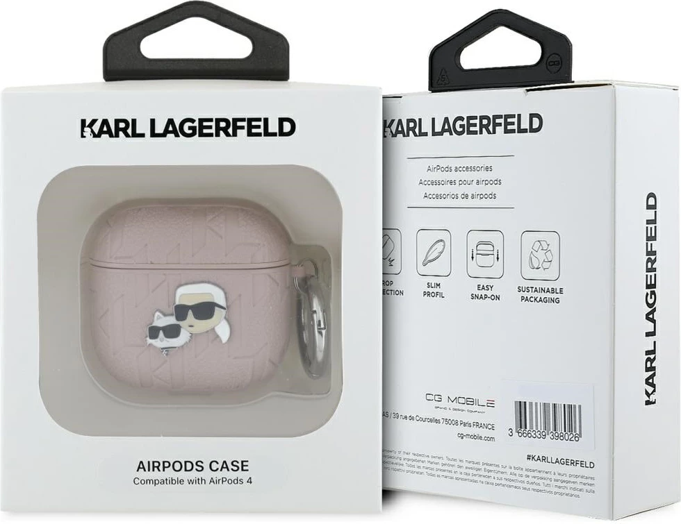 Ovitek za AirPods 4 Karl Lagerfeld Monogram Karl & Choupette Head, roza