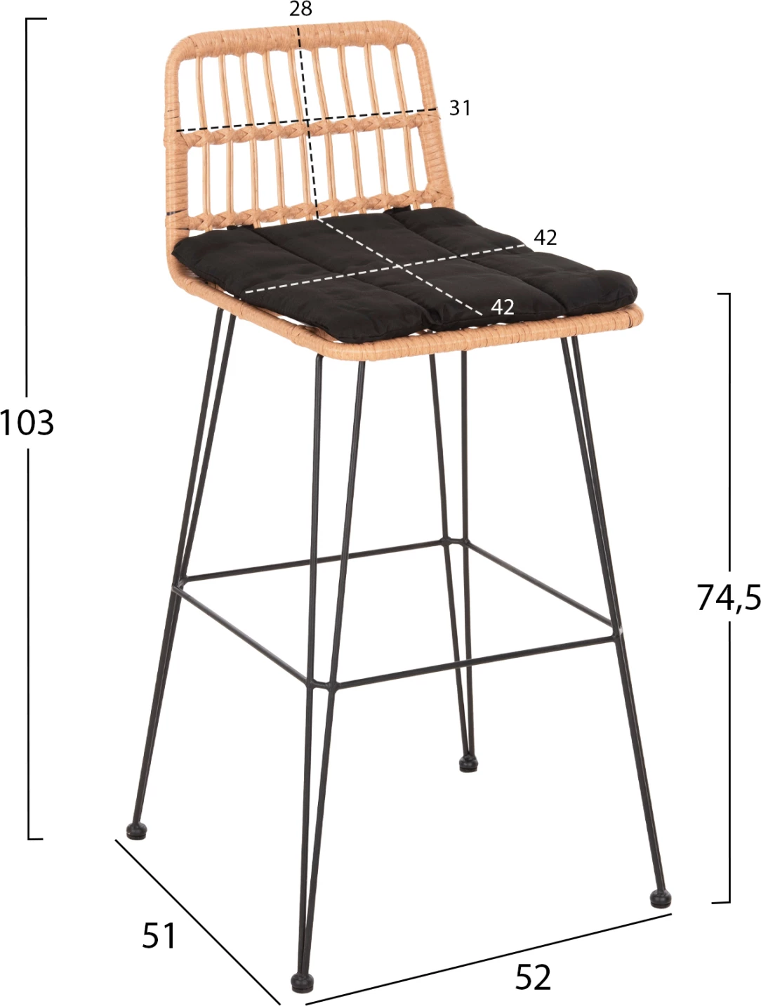 Barski stol za zunaj ALLEGRA FH5452.11 kovina in blazina v črno-bež pletenju 52x51x103H cm