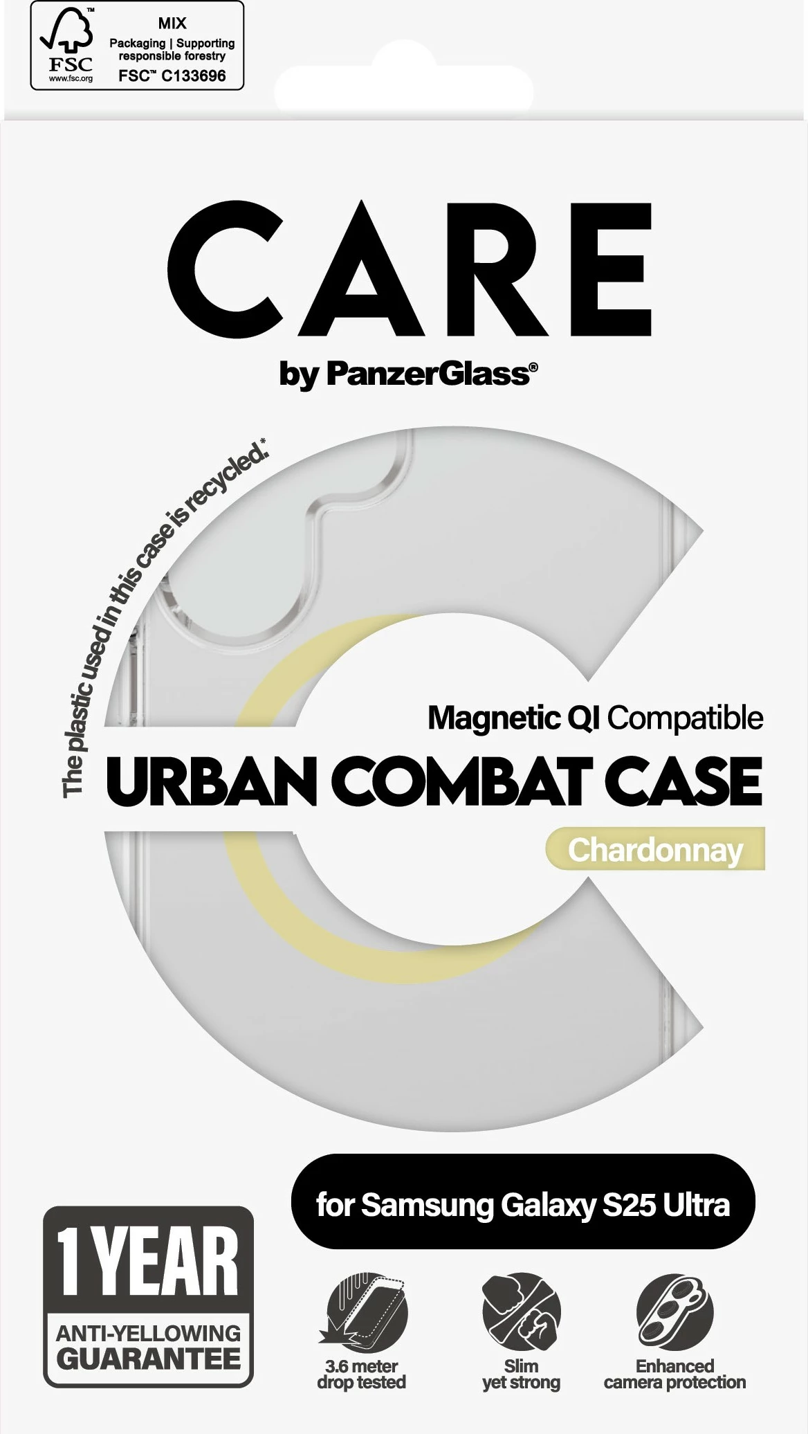 Prosojen ovoj PanzerGlass CARE Flagship Case Clear Chardonnay QI za Galaxy S25 Ultra