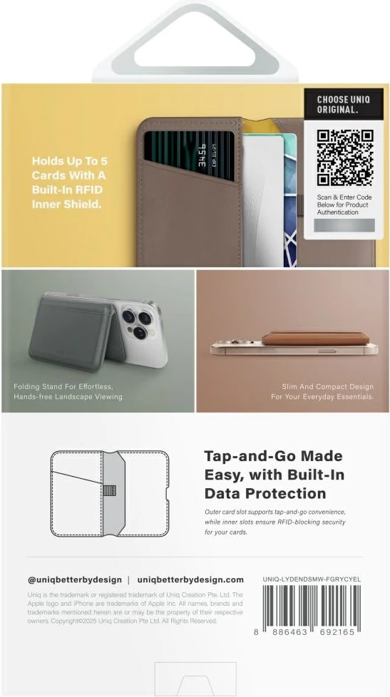 Magnetni denarnica za telefon UNIQ Lyden DS z RFID in držalom, siva