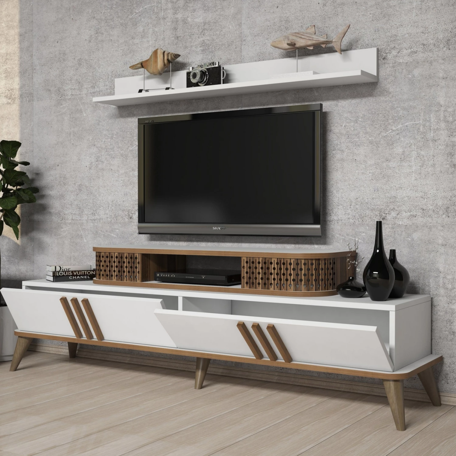 TV kombinirano pohištvo FH9515.03 iz melamina v beli in orehovi barvi 168x39x51.6Hcm