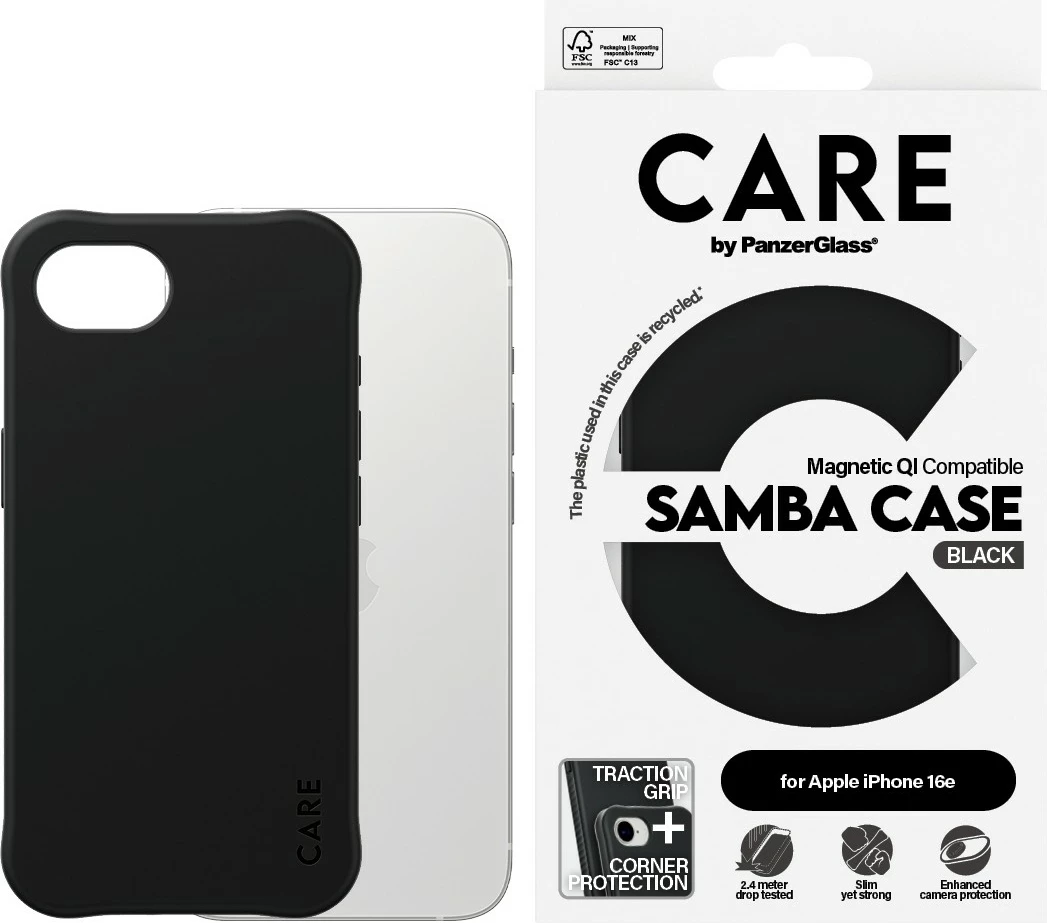 Zaščitni ovitek PanzerGlass CARE Case Samba z MagSafe, črn, za iPhone 16e