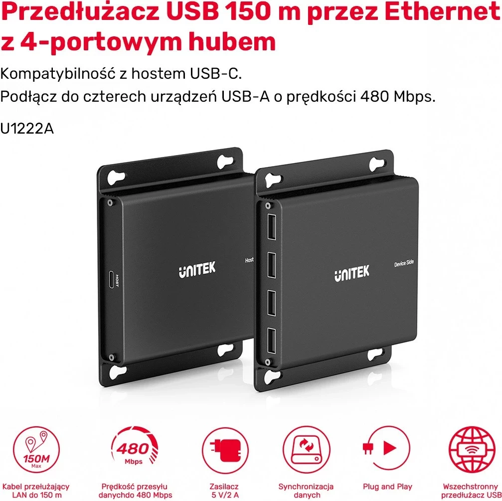 Razširjevalnik USB-C v 4× USB-A, Ethernet, 150 m, 480 Mbps Unitek