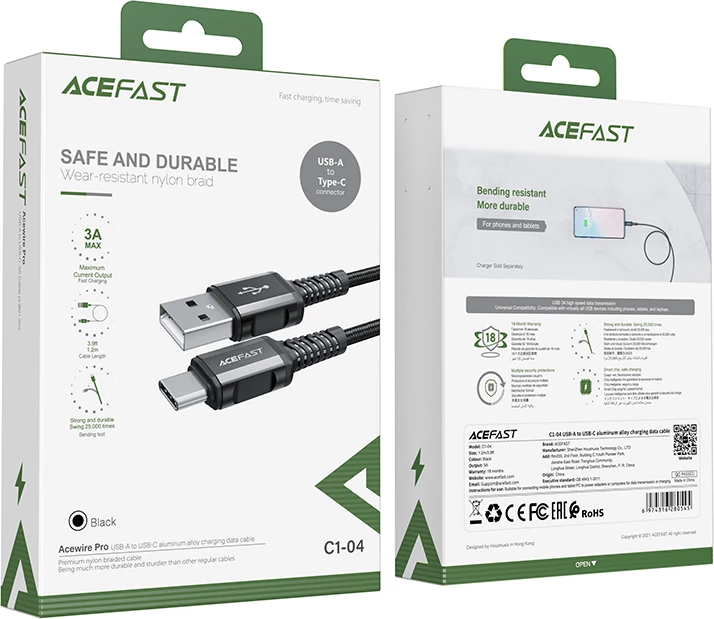 USB kabel Acefast C1-04, 1,2 m, 3 A, QC, črn