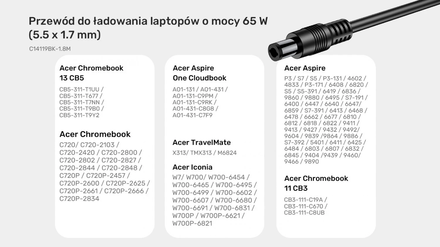 Napajalni kabel za prenosnik, Unitek 65W USB-C na DC5,5, črn (za Acer)
