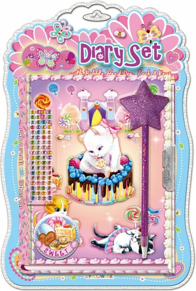 Set dnevnika z barvami, zaklepanjem in dekorativnimi nalepkami, Pulio 170531SK, s pisalom Pecoware, za deklice