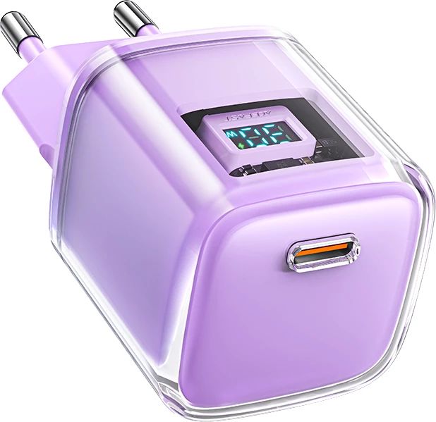 Stenski polnilec, 30 W, GaN, USB-C, z LED zaslonom, Acefast A53, vijoličen