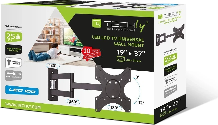 Stenski nosilec za televizor, Techly, 19–37", LED-LCD, črn