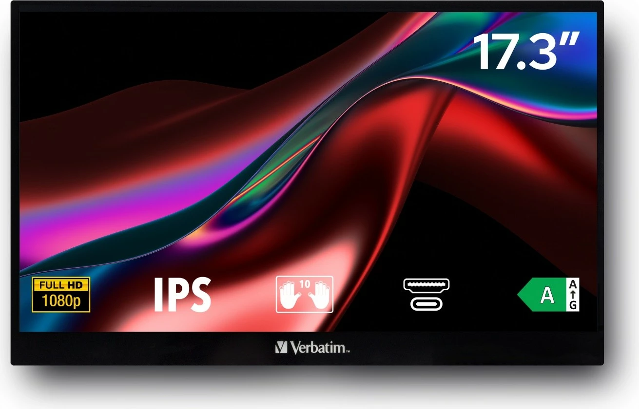 Prenosni zaslon na dotik, Verbatim PMT-17, 17.3" Full HD IPS, 60 Hz, 10-točkovni, USB-C/HDMI, črn