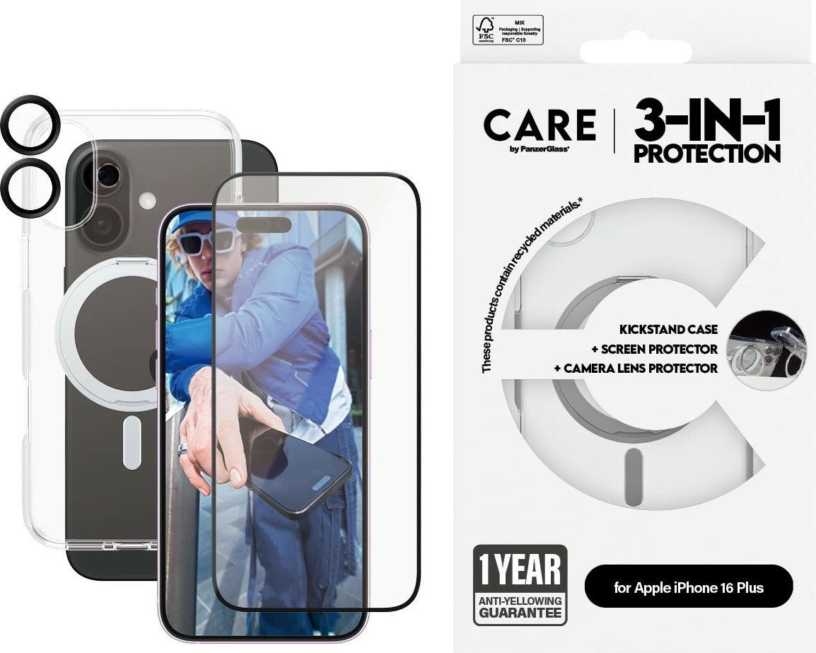 Zaščitni ovitek 3-v-1 za iPhone 16 Plus, prosojen — PanzerGlass