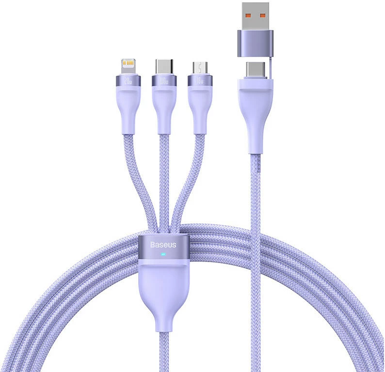 Kabel 3-v-1, 1,5 m, 100 W, USB-C + micro USB + Lightning, vijoličen Baseus Flash Series 2