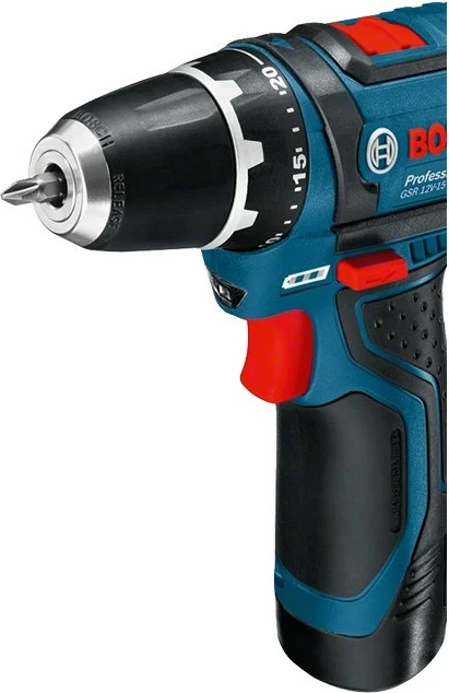 Električni vrtalnik/izvijač, Bosch GSR 12V-15, 12 V, Li-Ion, komplet s kovčkom, črno/modro/rdeč