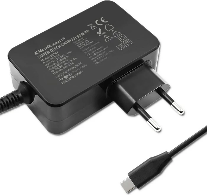 Stenski polnilec Qoltec GaN Power Pro 52387, 90 W, 1x USB-C, črn