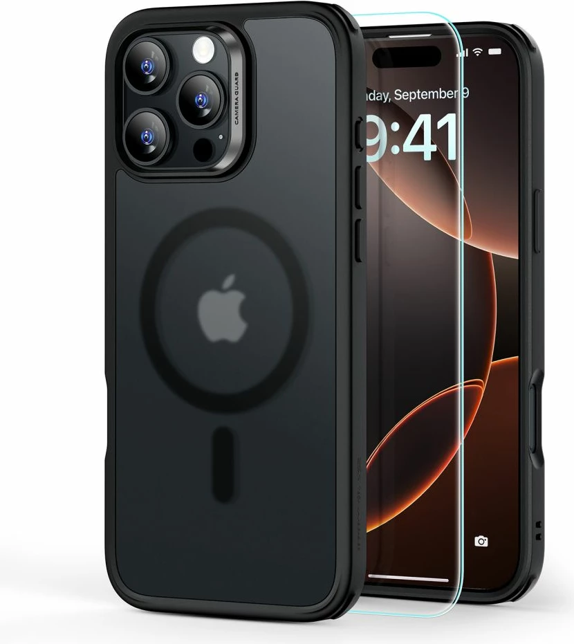 Zaščitni ovoj z MagSafe magnetno obročem ESR Classic Hybrid HaloLock za iPhone 16 Pro Max, polprosojen s črnim okvirjem, komplet