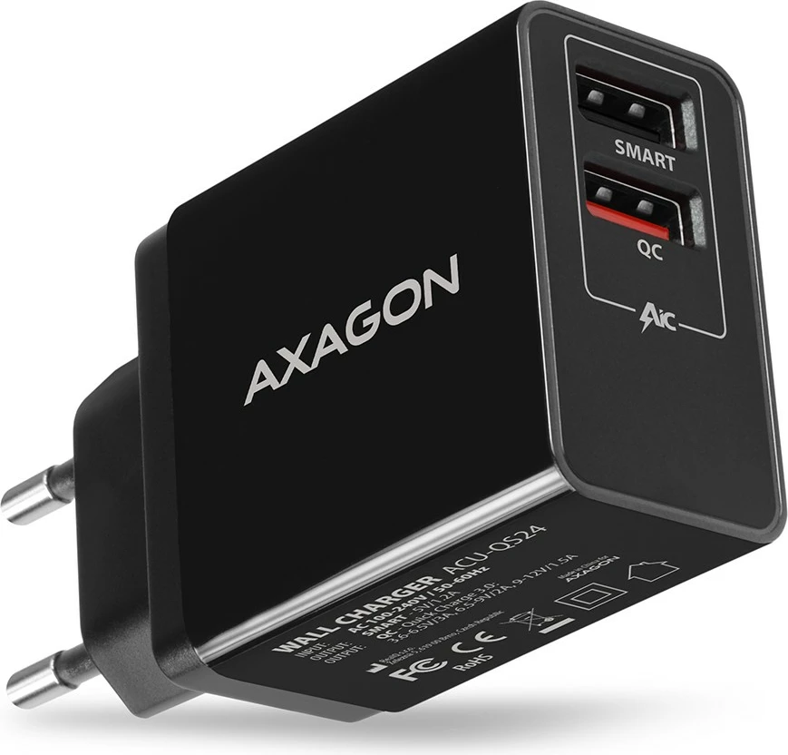 Hitri omrežni polnilec AXAGON ACU-QS24, 24W, 2x USB-A, QC3.0/AFC/FCP, črn