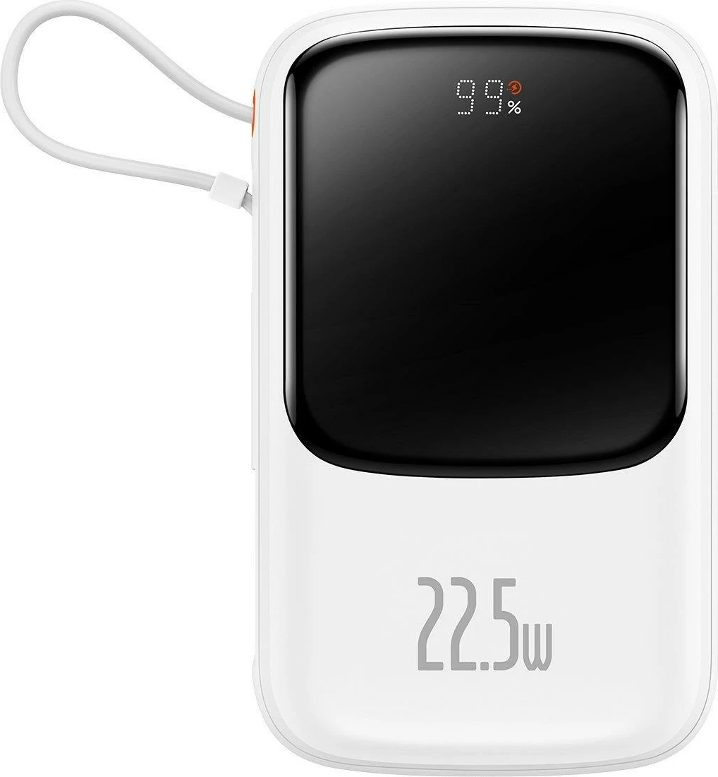 Powerbank z digitalnim zaslonom 10.000 mAh, 22,5 W, z vgrajenim USB-C kablom, Baseus Qpow, bel