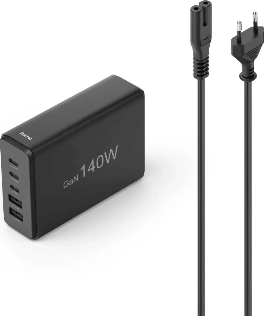 Visoko zmogljiv polnilec 140W GaN Hama, 3x USB-C, 2x USB-A, črn