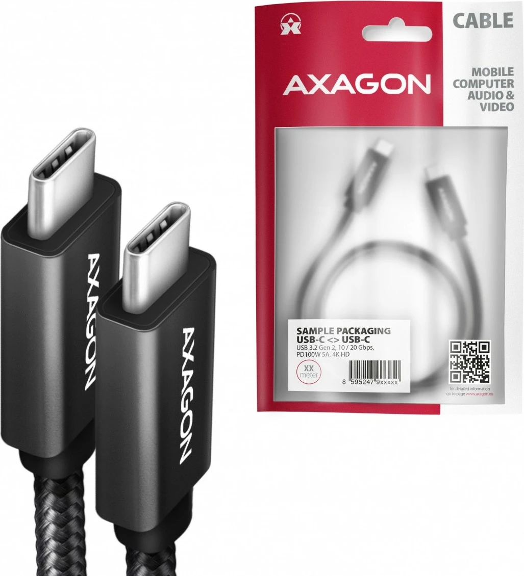Premium USB-C kabel AXAGON BUCM32-CM20AB, 2 m, 100 W, 5 A, 4K, črn