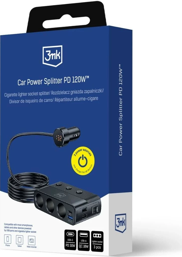 Naprava za razdeljevanje energije 3MK Power Splitter 120W, 2x USB 2.0, 1x USB-C, 1x USB 3.0, črna