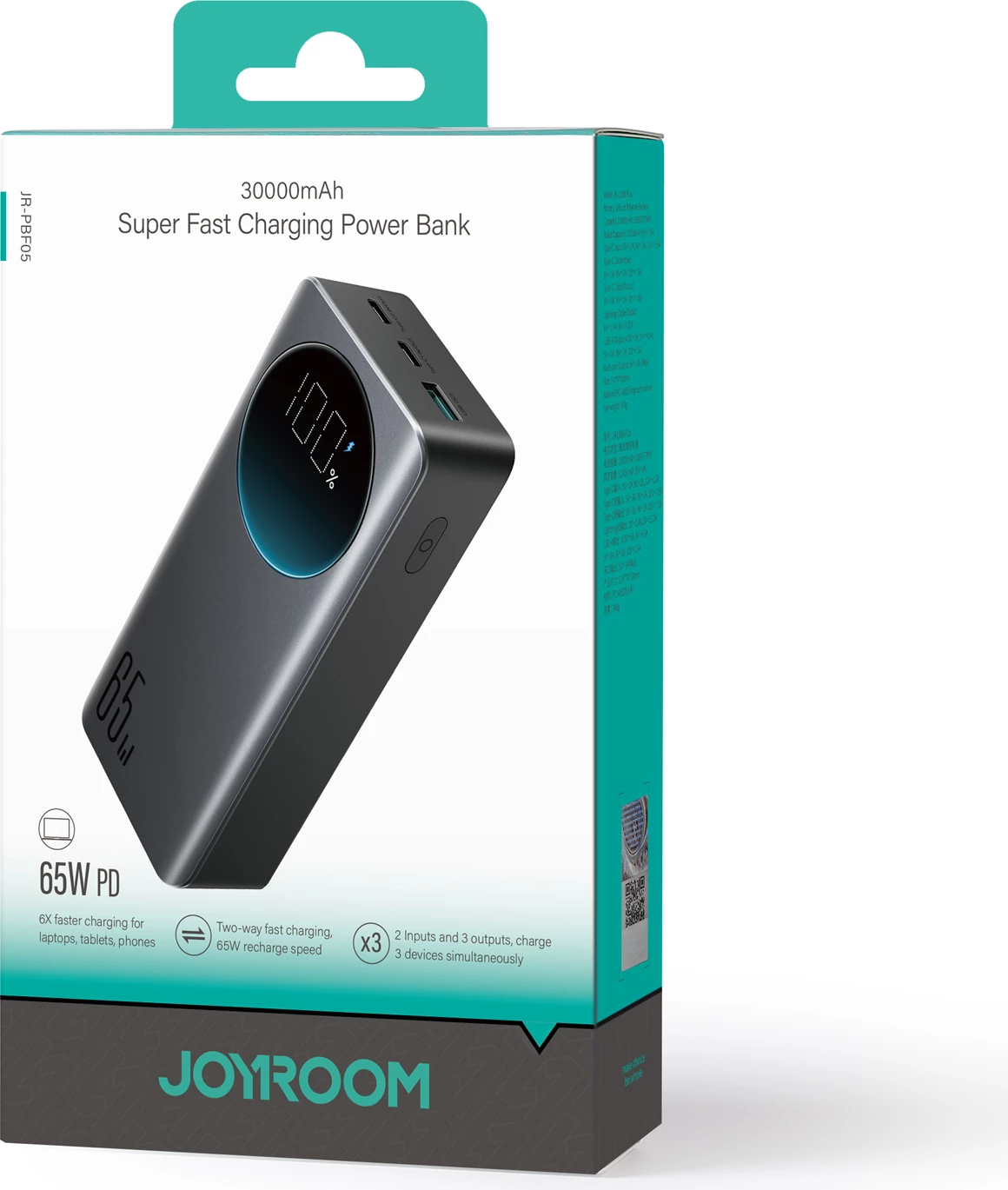 Power bank 30000mAh, 65W, z digitalnim zaslonom Joyroom JR-PBF05, črn