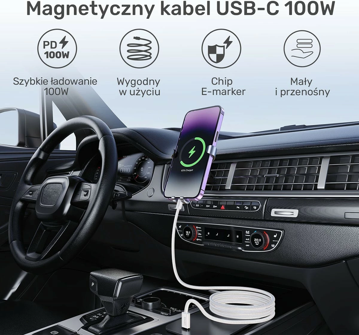 Magnetni USB-C kabel 100W 1 m, Unitek, bež