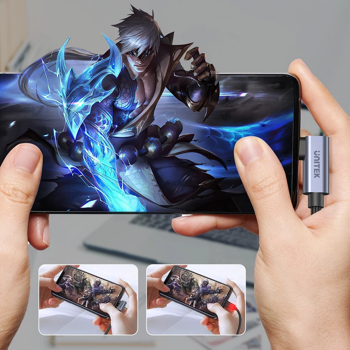 Kabel USB-C z 90° kotom PD 100W 0,5 m, črno-siv - Unitek