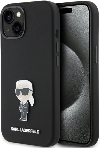Ohišje iz silikona z ikoničnim kovinskim znakom Karl Lagerfeld za iPhone 15, črno