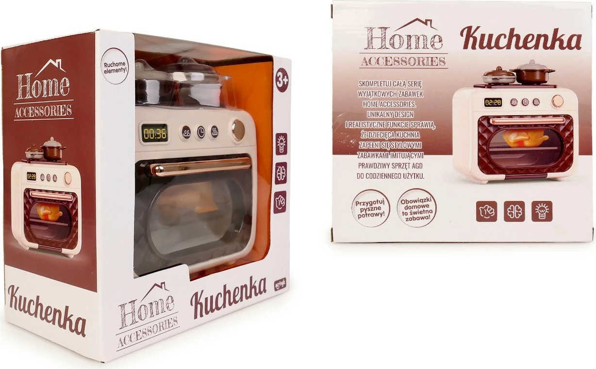 Igrača pečica z lučjo in melodijo, Artyk 180507, 12 cm, deluje na 2x AA (brez baterij), set ponev + lonec + čajnik, bež/rjava/krem