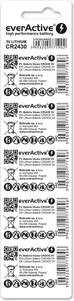 Baterija iz litija everActive CR2430, 3 V, 300 mAh, 5 kosov