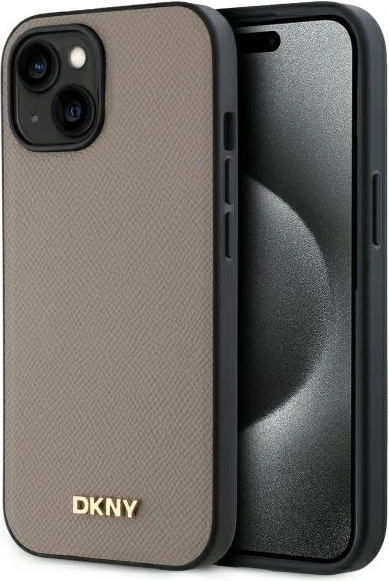 Ovitek za telefon z žimanim kovinskim logotipom MagSafe, DKNY, za iPhone 15, bež